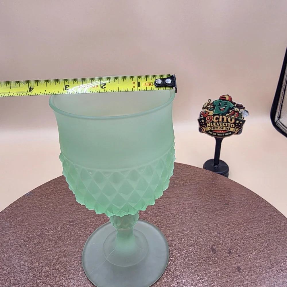 Vintage Frosted Green Uranium Glass Goblet Diamond Point Satin Glow Glassware